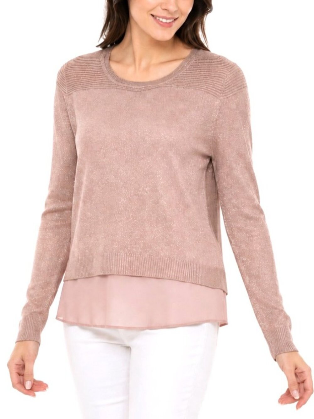 Joseph A Sweater Womens L Blush Twofer Metallic Knit Split Back Glam Balletcore